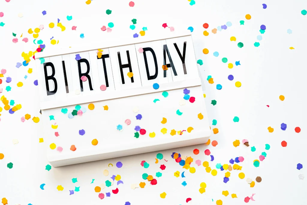 a card that says birthday with colorful ballons around the text