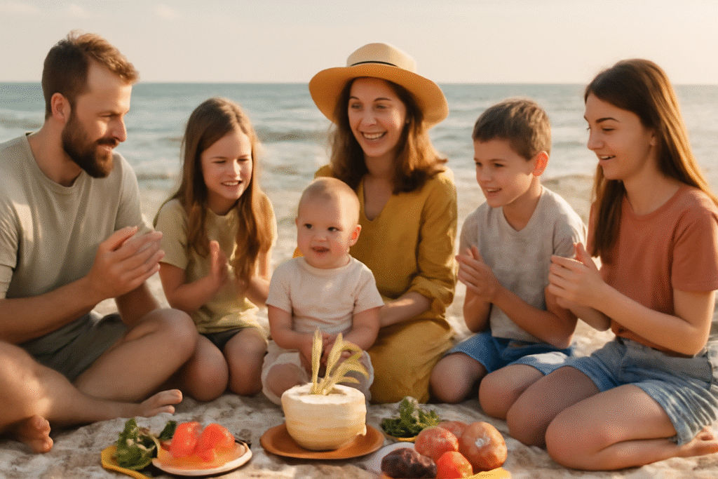 Beach Picnic while celebrating a half birthday among adults, kids, and teenagers