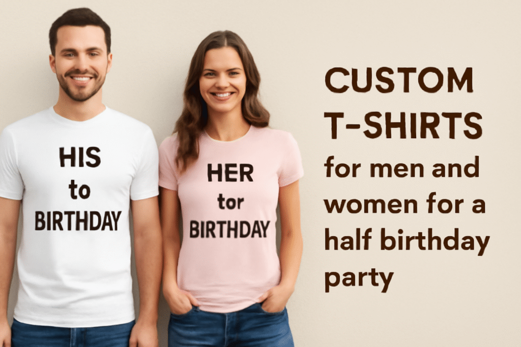 a couple wearing custom t shirts on a half birthday party celebration