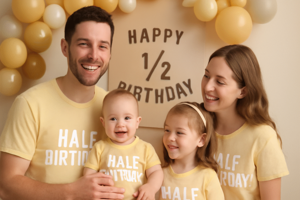 A family with matching outfit on a half birthday party celebration